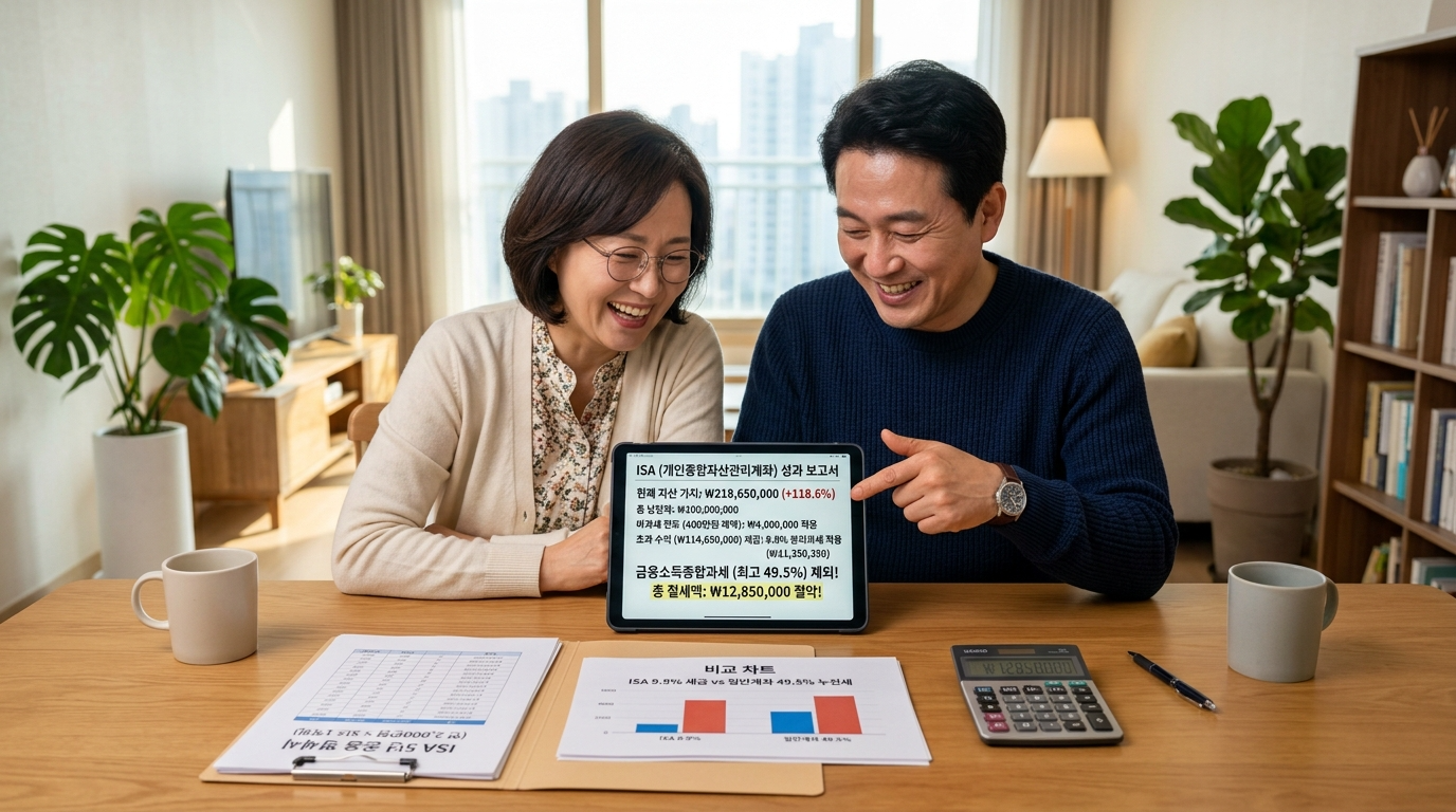 식탁에 앉아 태블릿으로 ISA 계좌 성과 확인 중인 부부