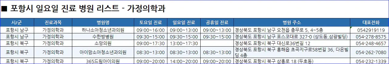 포항시-일요일-진료병원-리스트-예시