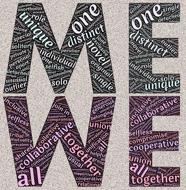 영어로 ME와 WE가 쓰여졌고, 글자 안에는 영어로 협업, 함께 라는 단어들이 빼곡하게 적혀있다.