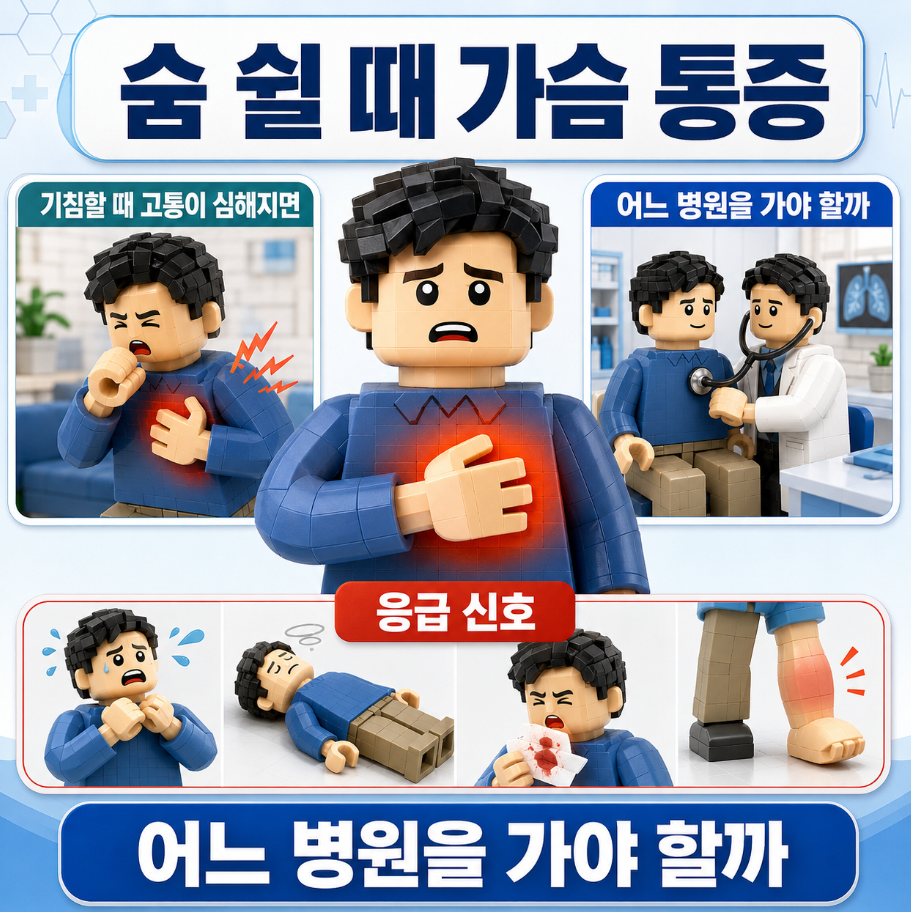 들숨과 기침 시 가슴 통증의 발생 메커니즘과 흉곽 및 흉막 움직임을 설명하는 레고 스타일 메디컬 인포그래픽