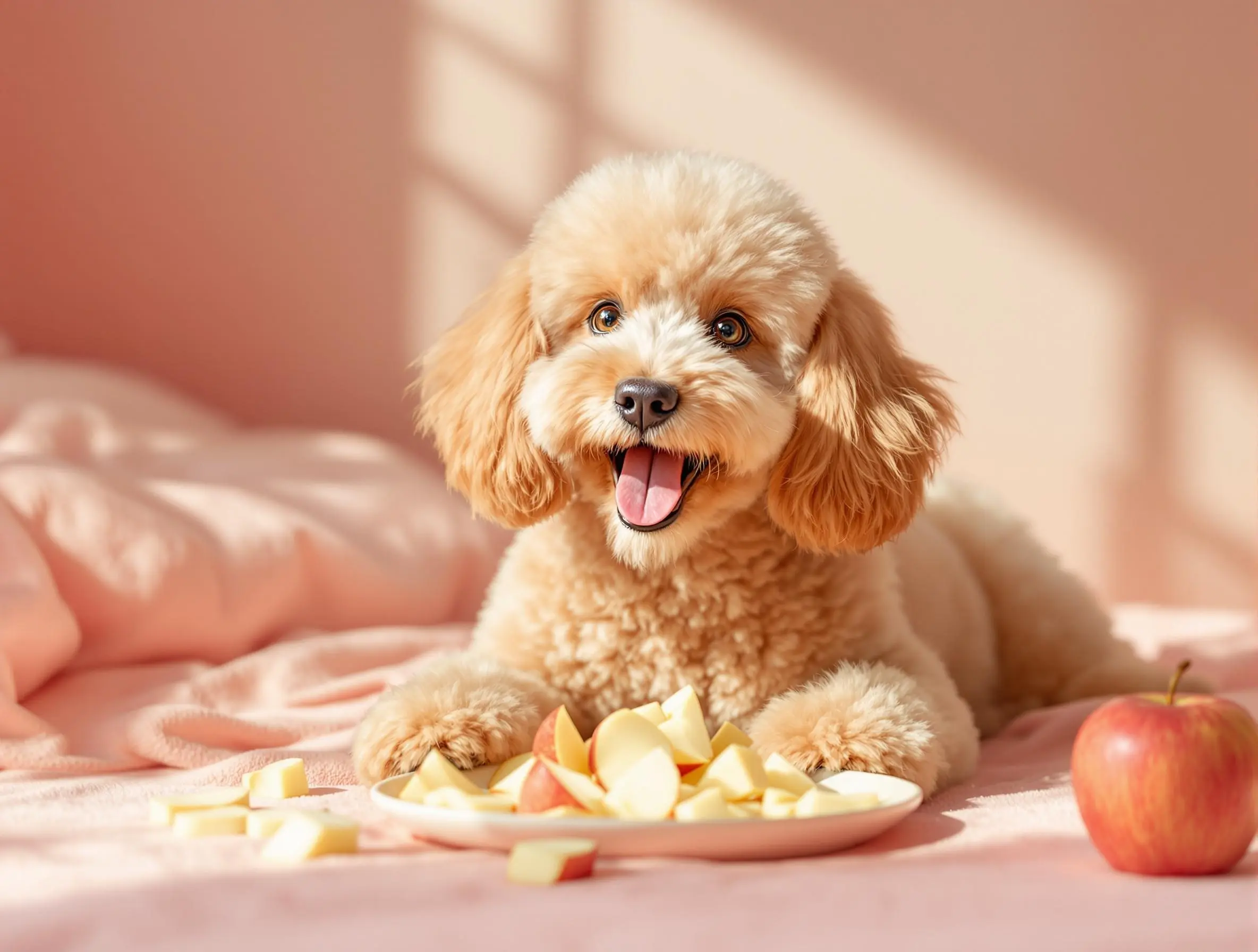 푸들이 사과 조각과 함께 즐겁게 있는 모습