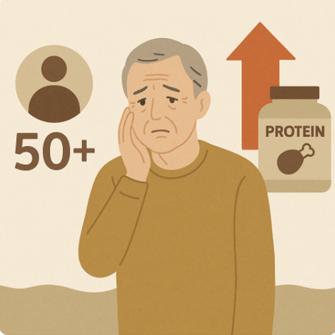 50대 이후 중년 남성이 단백질이 풍부한 음식(달걀, 생선, 두부, 닭가슴살)을 앞에 두고 근육 감소를 막는 모습을 상징적으로 표현한 2D 일러스트. 배경에는 시계와 달력이 배치되어 시간의 흐름과 노화를 암시함.