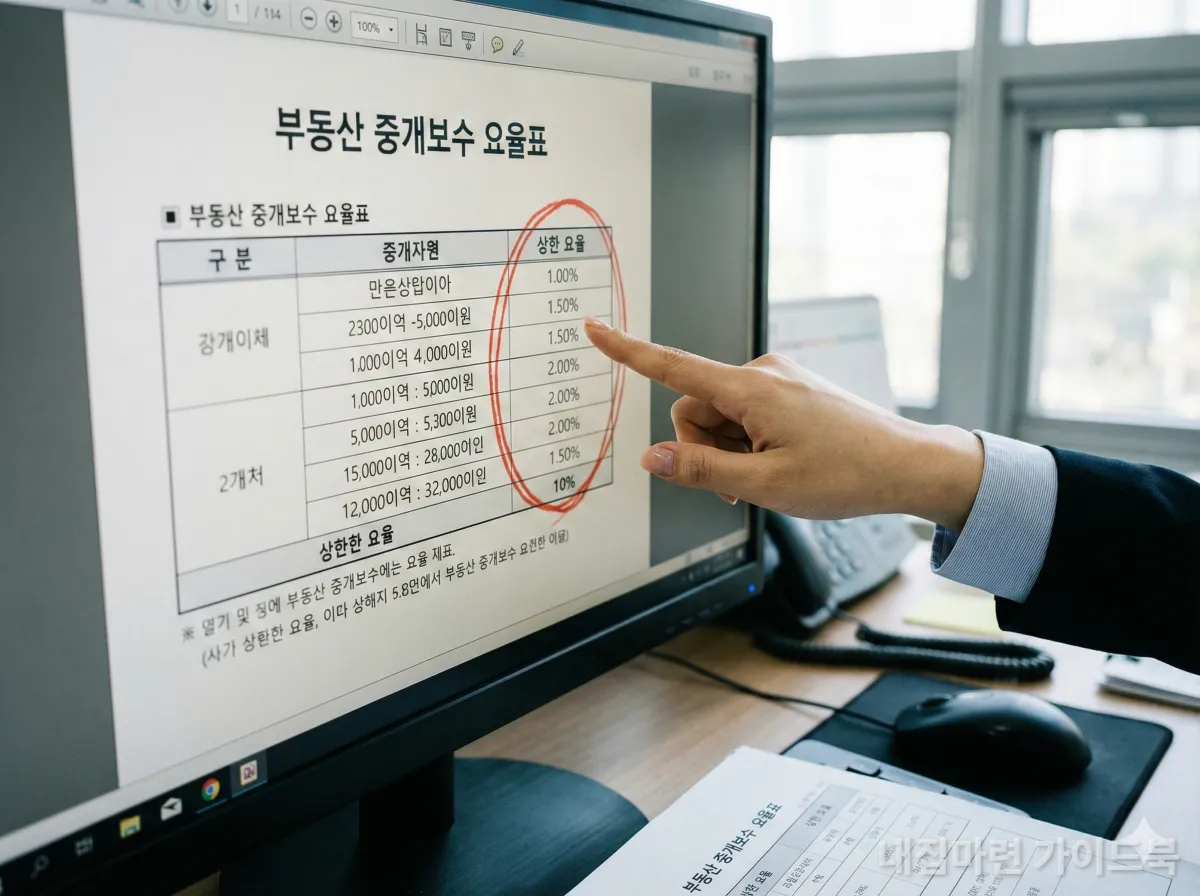 2026년 부동산 중개수수료 법정 상한 요율표를 확인하는 모습