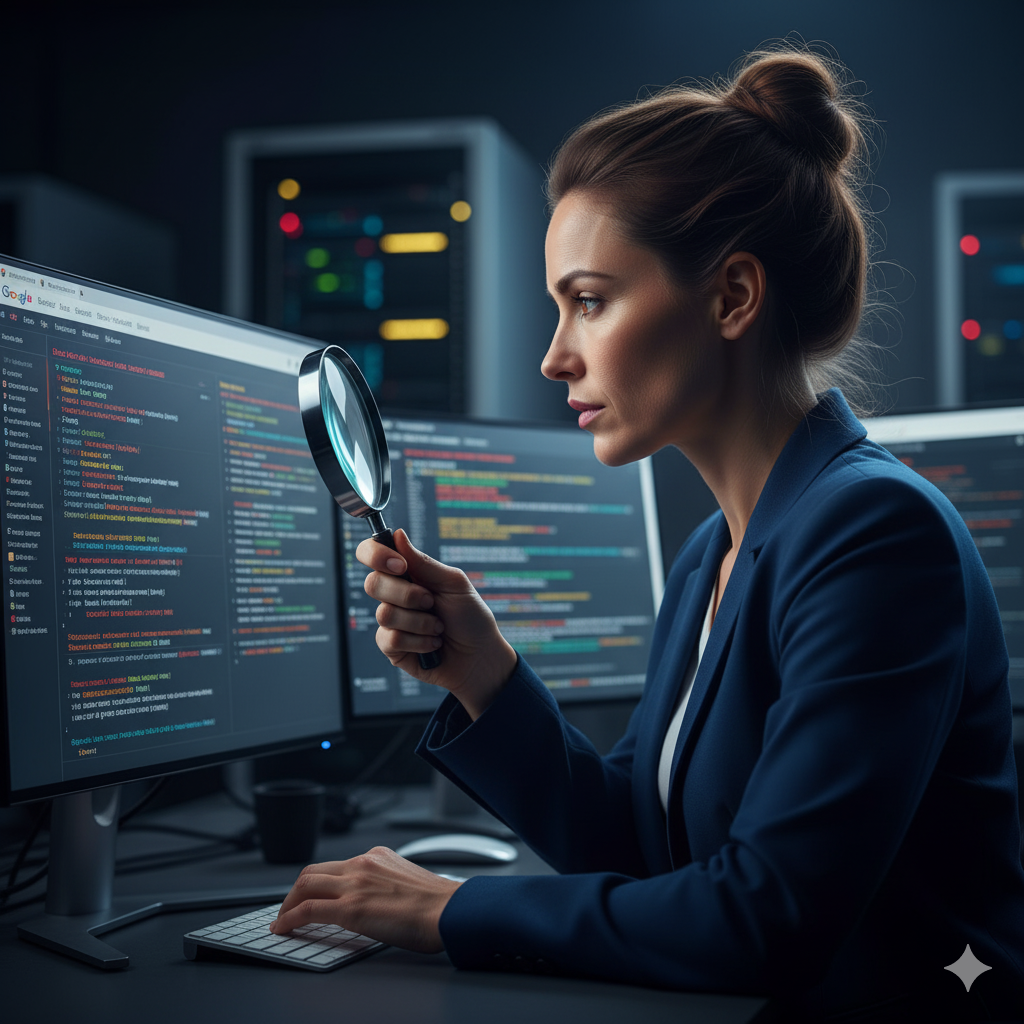 "구글 서치 콘솔 '발견됨 - 색인이 생성되지 않음' 상태 예시 화면"을 자세히 보고 있는 여성 블로그 이미지.