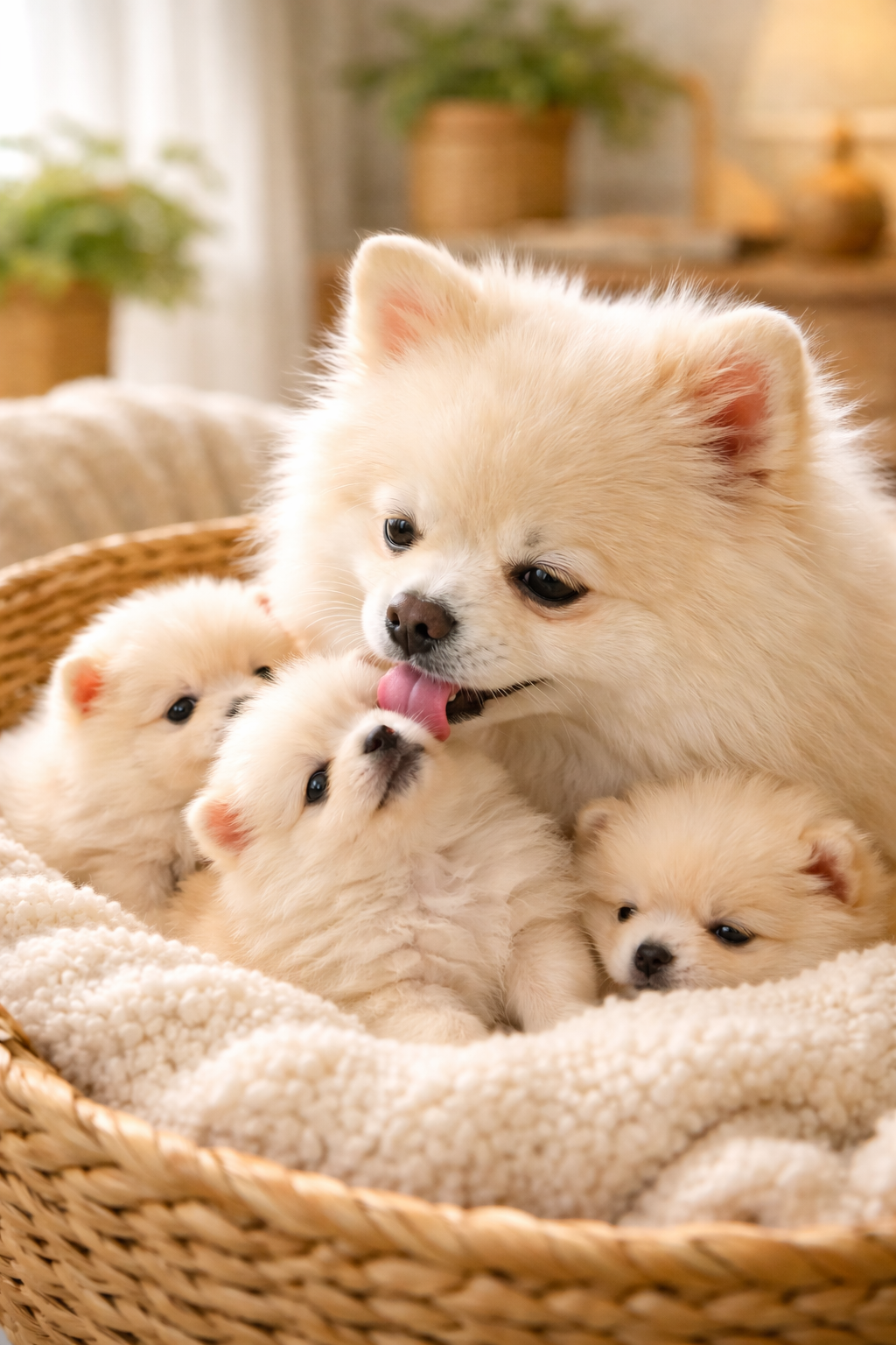 어미강아지가 새끼 강아지를 핥는 모습