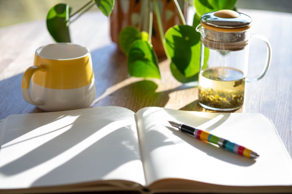 Sunlit desk with a notebook, colorful pen, mug, tea infuser, and green plant leaves.