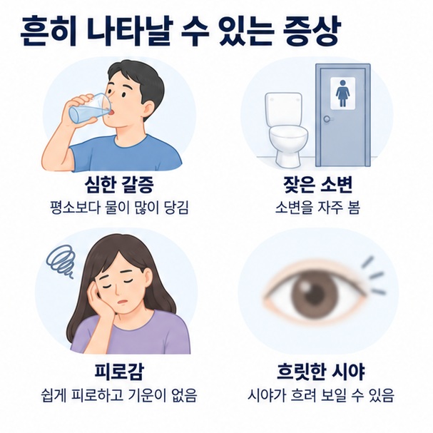 갈증과 잦은 소변, 피로, 흐릿한 시야 등 고혈당의 흔한 증상을 정리한 이미지