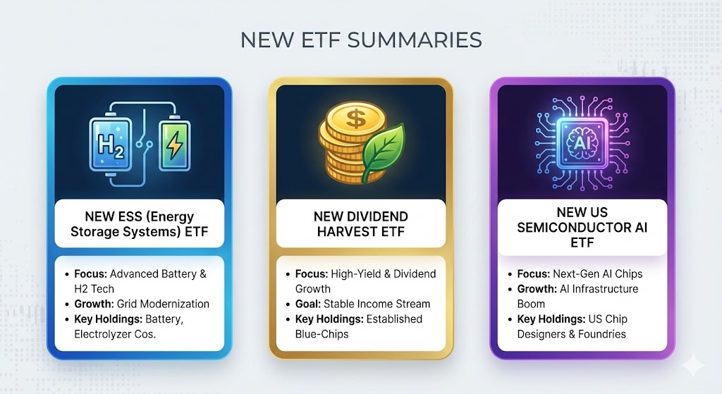 신규 상장 ETF 3종(수소/배당/미국반도체)의 아이콘과 핵심 특징을 요약한 카드 뉴스 형태의 이미지