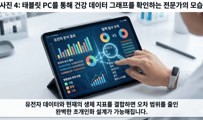 디지털 기기를 활용해 유전자 분석 결과와 혈액 검사 수치 등 개인 건강 데이터를 정밀하게 대조하는 장면 / Expert analyzing genetic test results and health data graphs on a tablet PC