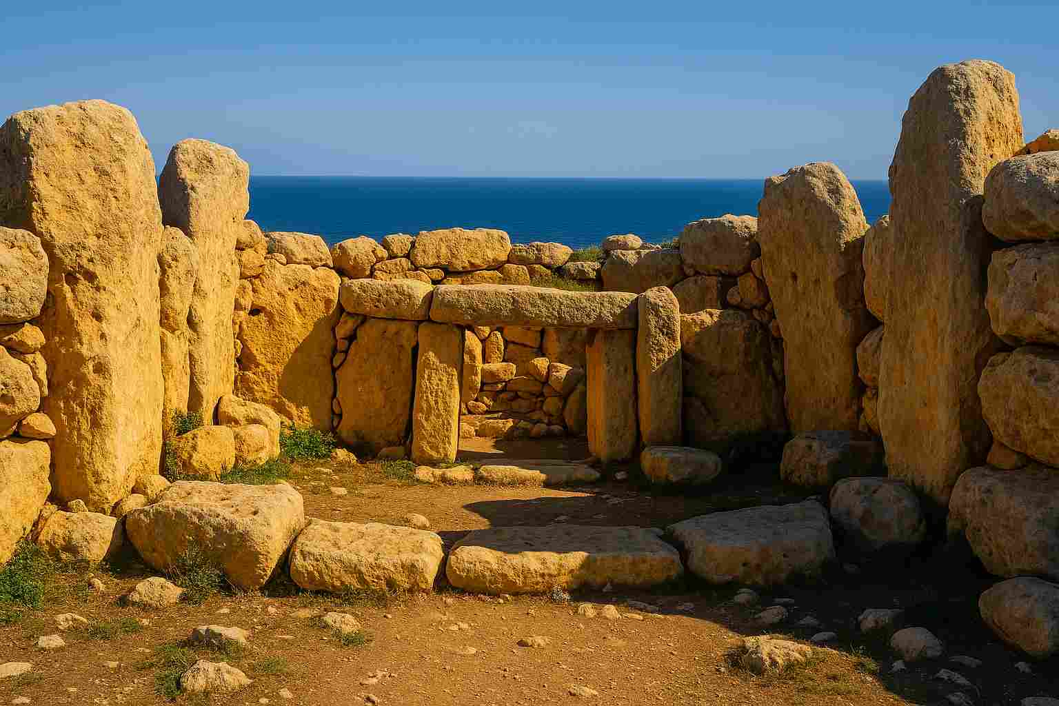 말타 임나이드라 신전의 입구와 내부 공간을 담은 근접 사진. 반원형 구조로 배치된 석조들이 햇빛을 받아 세월의 흔적을 드러내며, 배경에는 지중해 바다가 펼쳐져 있다. (대체 이미지)