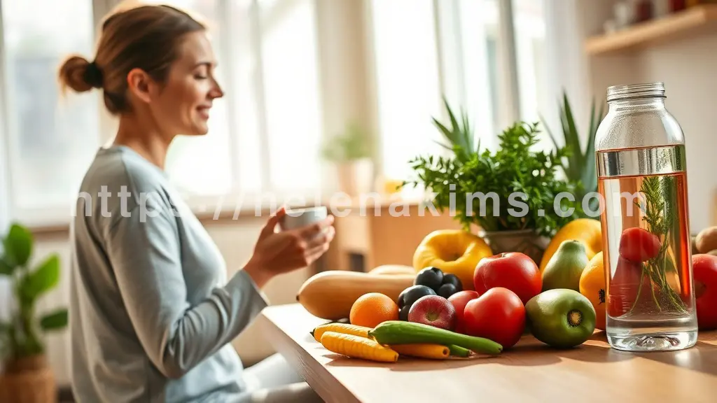 밝고 따뜻한 자연광이 스며드는 깔끔한 주방 또는 거실 공간. 한쪽에는 손에 따뜻한 허브차 잔을 들고 차분하게 미소 짓는 한 여성. 있다. 다른 한쪽에는 신선한 과일, 다채로운 채소, 맑은 물병이 정갈하게 놓인 테이블 있는 이미지.