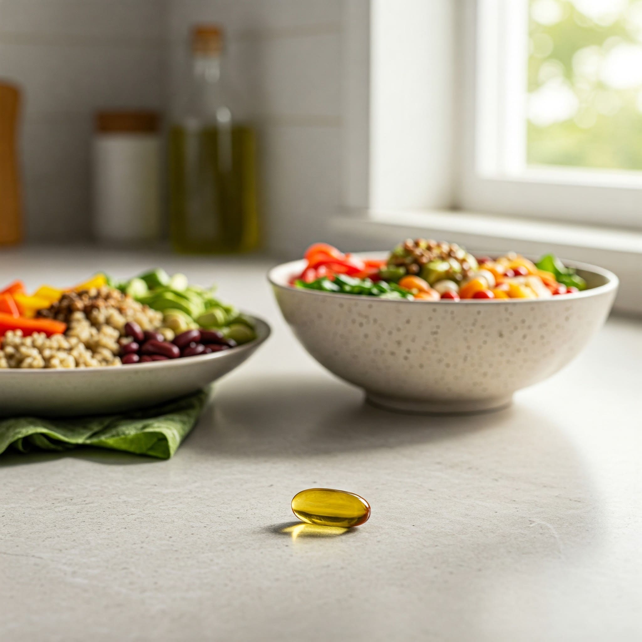 해조류 기반 오메가-3 보충제 캡슐과 채식 식단이 함께 놓인 자연광 가득한 주방" — 인스타그래머블한 톤, 고화질, 상단 여백 있음
