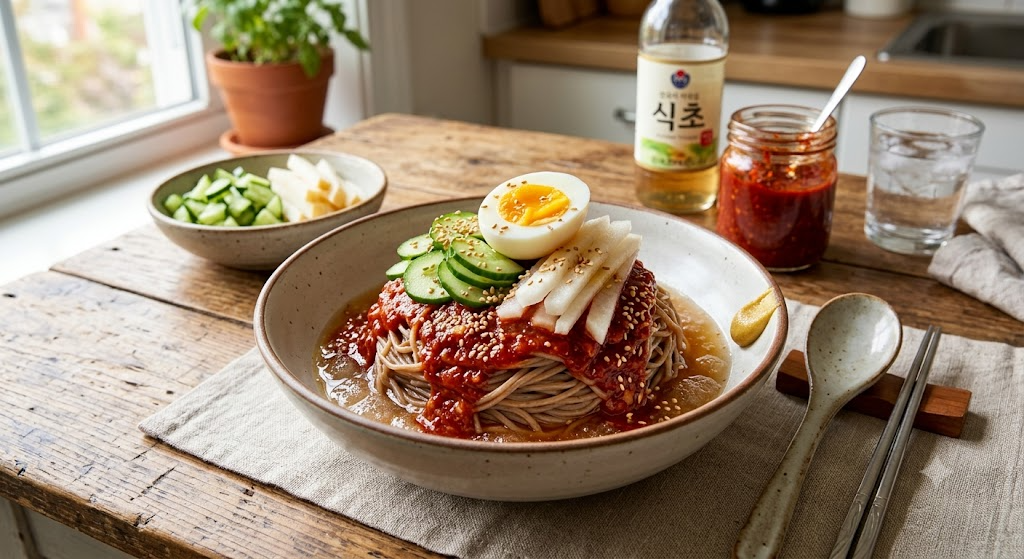 따뜻한 나무 테이블 위에 정갈하게 담긴 한국식 비빔냉면. 얼음이 살짝 낀 시원한 육수와 쫄깃한 면발 위에 붉고 진한 과일 양념장이 듬뿍 얹어져 있다. 그 위에는 채 썬 오이, 얇게 썬 배, 그리고 반으로 자른 삶은 계란 고명이 차례로 올라가 있으며 통깨가 솔솔 뿌려져 있다. 그릇 옆에는 식초 병, 양념장 유리병, 추가 고명이 담긴 작은 접시와 수저가 놓여 있어 먹음직스러운 식사 준비 과정을 보여준다
