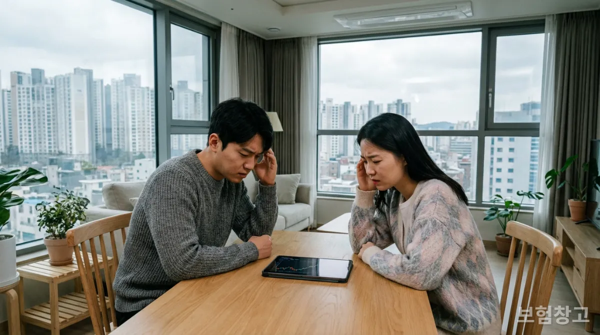 30대 한국인 부부가 간병비 상승에 대해 걱정하는 모습
