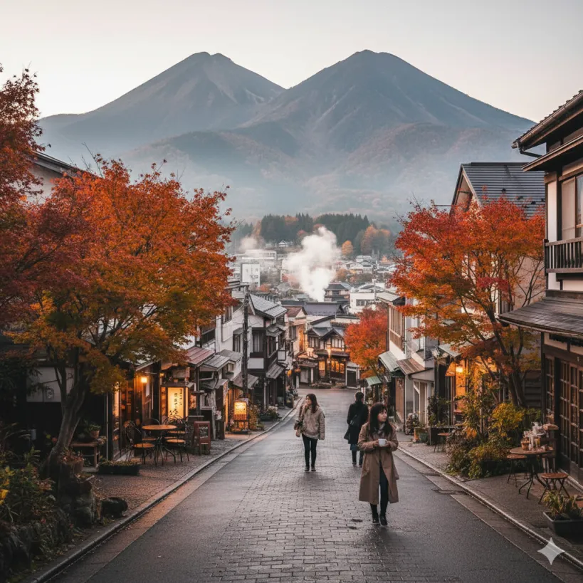 가을 단풍과 유후다케 산을 배경으로 한 유후인 마을 풍경.