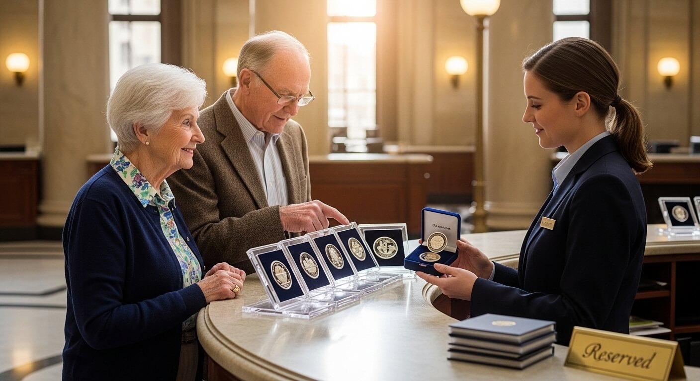 노부부가 은행 창구에서 직원과 함께 다양한 기념주화를 확인하는 모습