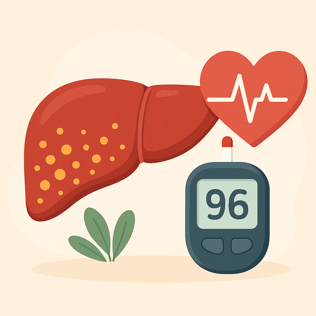 “붉은색 간 그림이 왼쪽에 크게 그려져 있고, 표면에는 노란 점들이 지방 축적을 나타냄. 오른쪽에는 심전도 선이 그려진 빨간색 심장 모양 아이콘과 혈당 수치를 표시하는 혈당계가 함께 배치되어 당뇨와 간 건강의 연관성을 시각적으로 표현한 일러스트.”