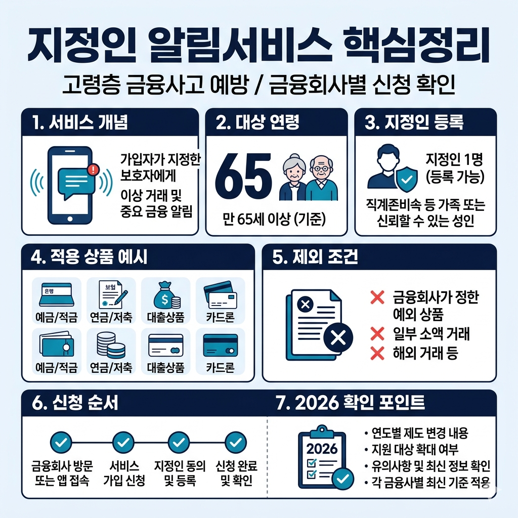 지정인 알림서비스｜대상&middot;신청방법&middot;적용상품&middot;2026 최신 확인법 인포그래픽