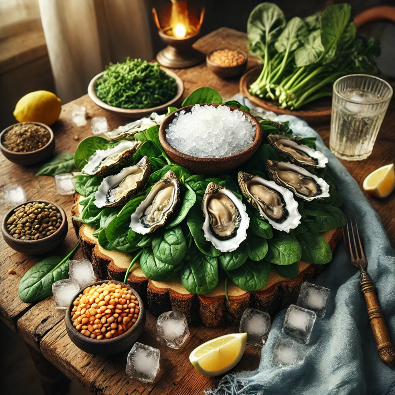 시금치와 굴과 렌틸콩의 이미지