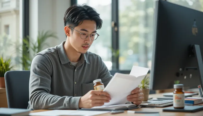 책상에 앉아 비타민 보충제 성분표를 살펴보는 남성