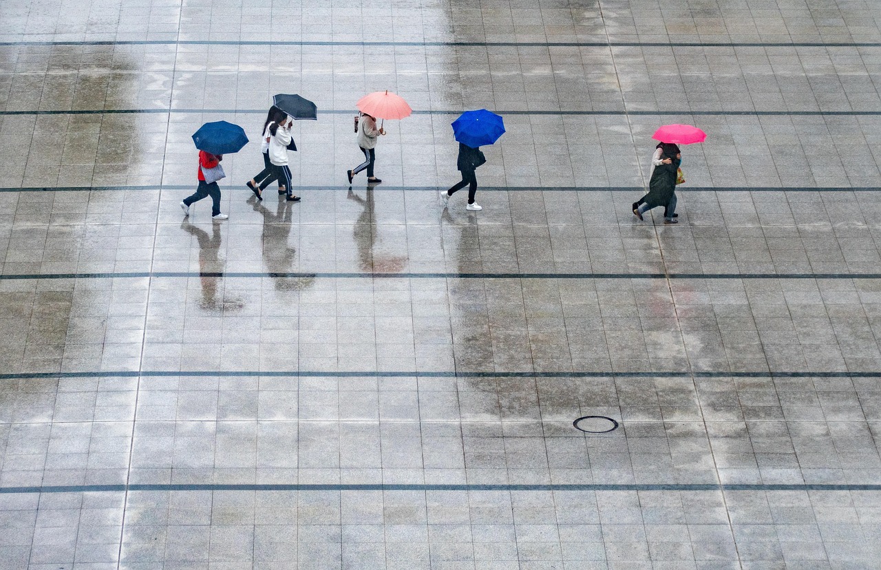 비 오는 날 우산을 쓰고 움직이는 사람들