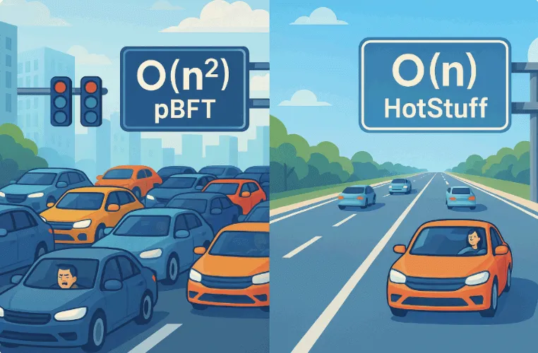 혼잡한 교차로와 뚫린 고속도로로 블록체인 합의 알고리즘(pBFT와 HotStuff)의 복잡도 차이를 시각화한 이미지입니다. 왼쪽은 O(n&sup2;) 복잡도의 pBFT를 상징하는 정체된 차량과 신호등, 오른쪽은 O(n) 복잡도의 HotStuff를 상징하는 시원한 고속도로와 여유로운 운전자가 표현되어 있습니다. (Blockchain consensus algorithm visual: pBFT vs HotStuff, O(n&sup2;) vs O(n))