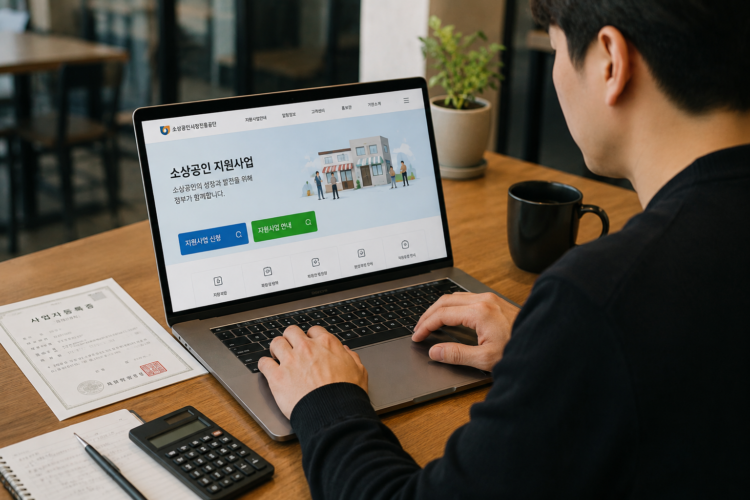 한국 자영업자가 노트북으로 정부 지원금 신청 페이지를 확인하는 모습, 책상 위 사업자등록증과 계산기가 놓인 현실적인 소상공인 지원금 신청 장면