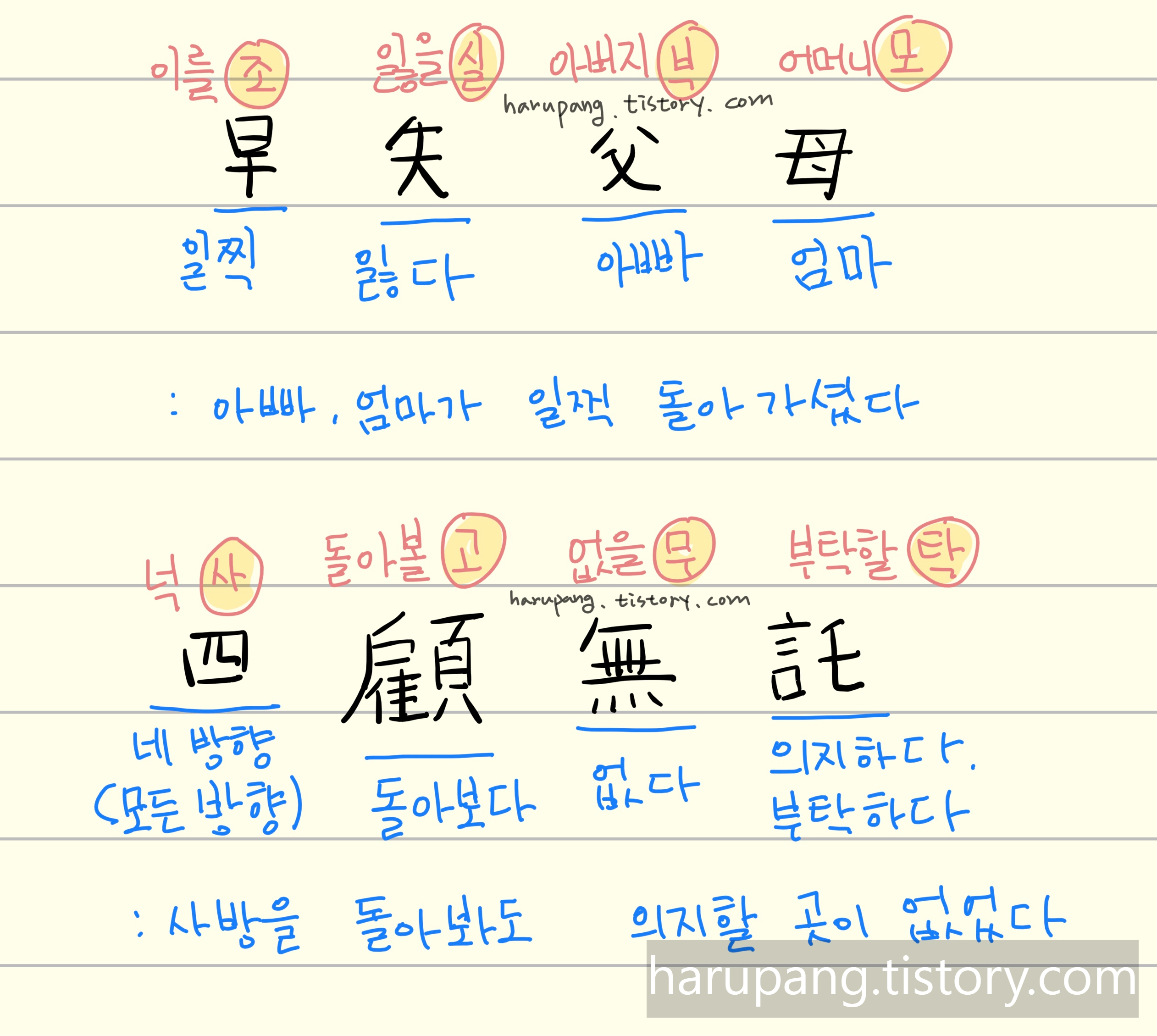 한자성어 '조실부모 사고무탁' ,'早失父母 四顧無託' 의 한자 음과 뜻 그리고 전체적인 의미를 색깔 별로 이해하기 쉽게 정리한 노트 이미지