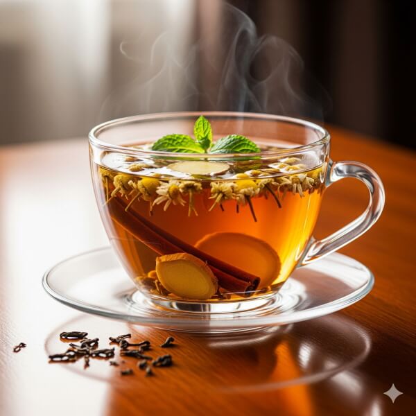 허브차가 담긴 투명 찻잔/gemini