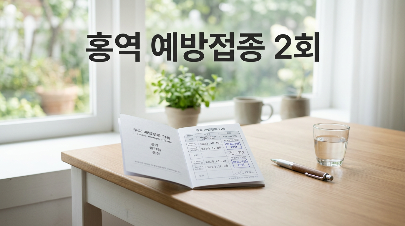 홍역 예방접종 2회 기록 수첩과 책상 위 사진