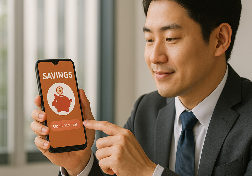 스마트폰 앱을 이용해 적금을 가입하는 직장인 모습