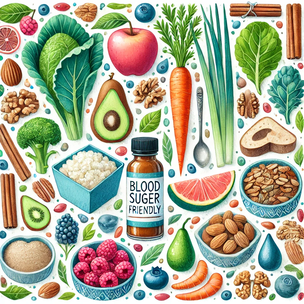 혈당 조절에 좋은 음식들 (통곡물, 녹색 채소, 베리류, 견과류, 계피 추출물 등)
