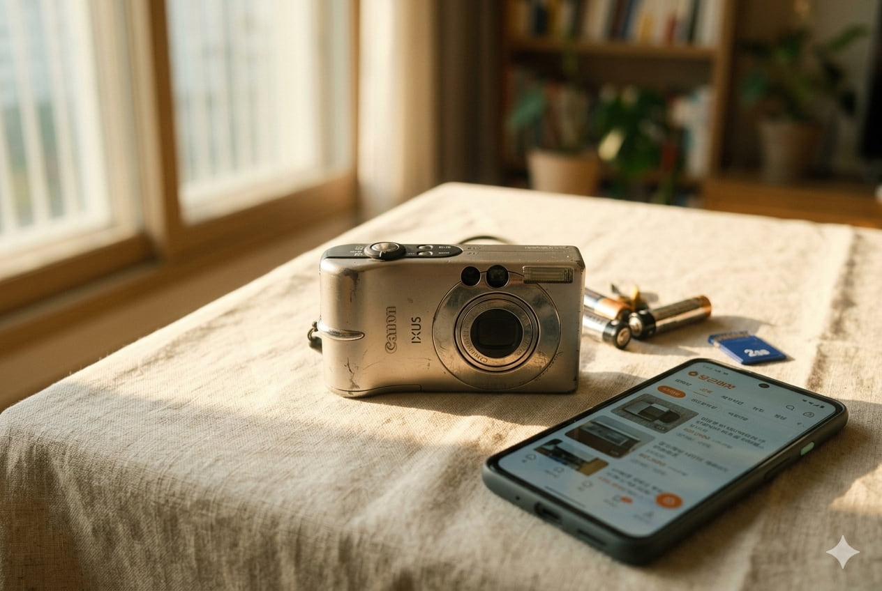 나무 책상 위 은색 캐논 빈티지 디카와 중고 거래 앱이 켜진 스마트폰, 인화된 사진들이 놓여 있는 따뜻한 분위기의 사진