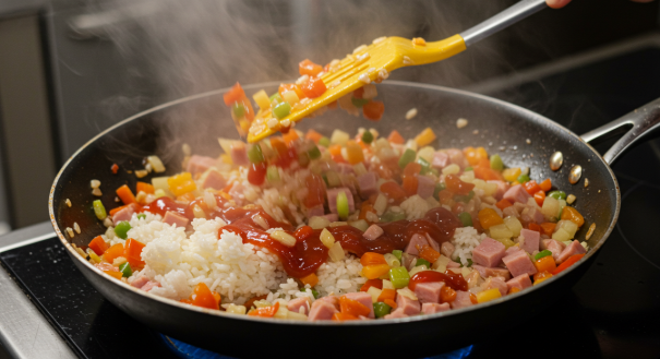 야채들과 밥이 섞어 볶아지고 있다.