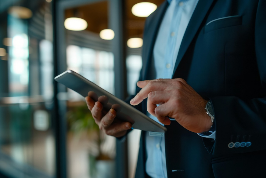 태블릿으로 업무를 보는 남성