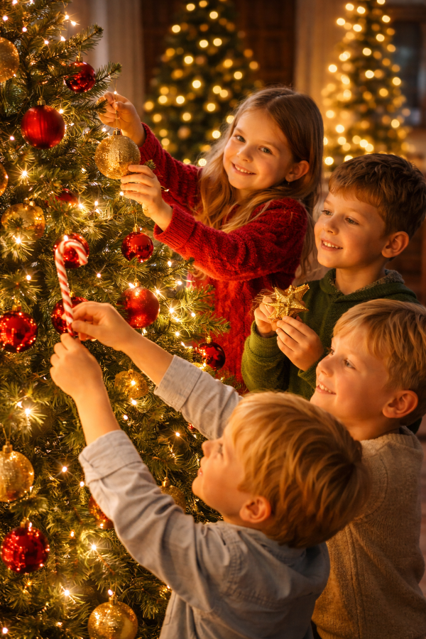 아이들이 반짝이는 크리스마스 트리에 오너먼트를 달며 성탄의 기쁨을 나누는 따뜻한 장면