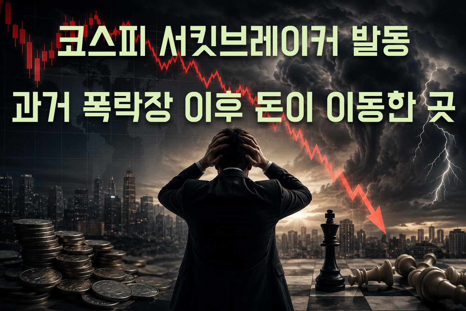 코스피 서킷브레이커 발동으로 급락한 주식시장과 폭락 이후 AI&middot;전력&middot;데이터센터 등 성장 산업으로 이동하는 자금 흐름을 표현한 이미지