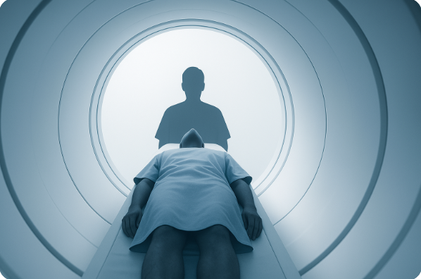 MRI 기계 안쪽 시점에서 본 검사복 입은 환자의 실루엣