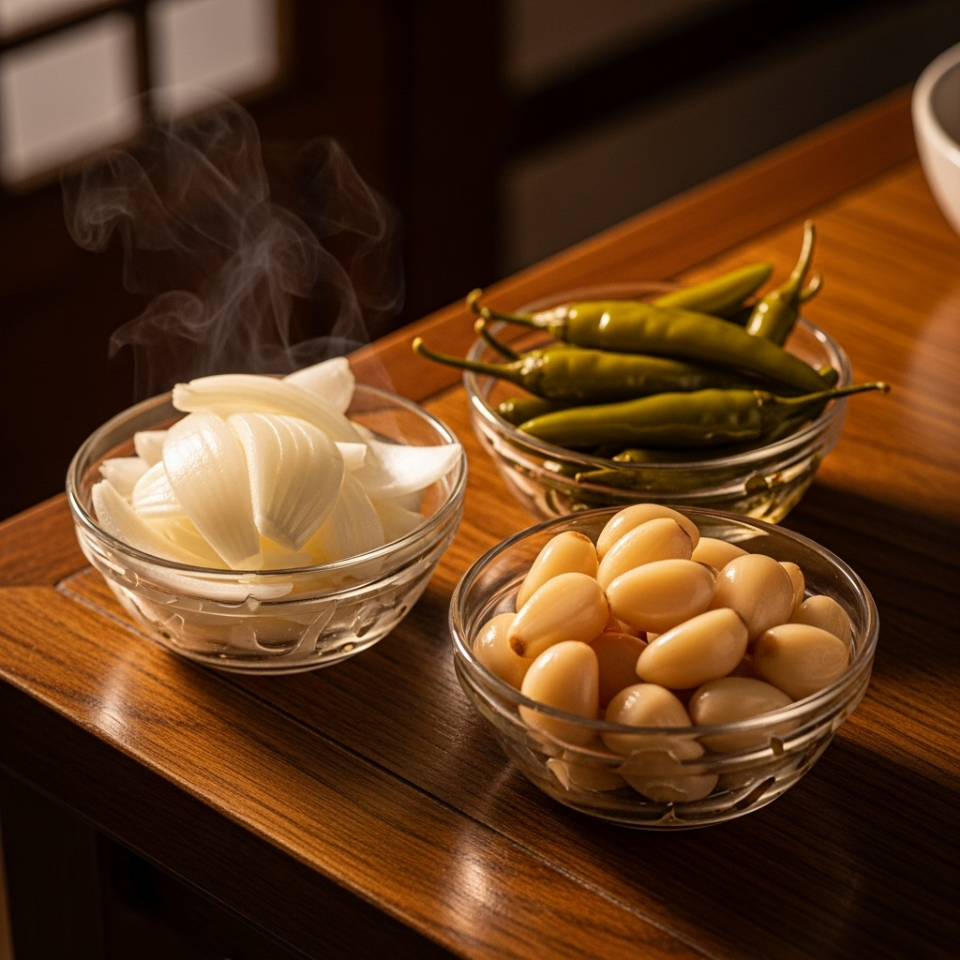 고추·마늘·양파 간장 장아찌 3종 세트의 먹음직스러운 모습