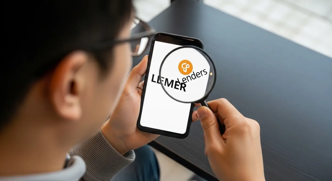 한 한국인 사용자가 스마트폰으로 '희망안전금융'을 검색하며, 돋보기로 정식 등록 여부를 확인하는 모습