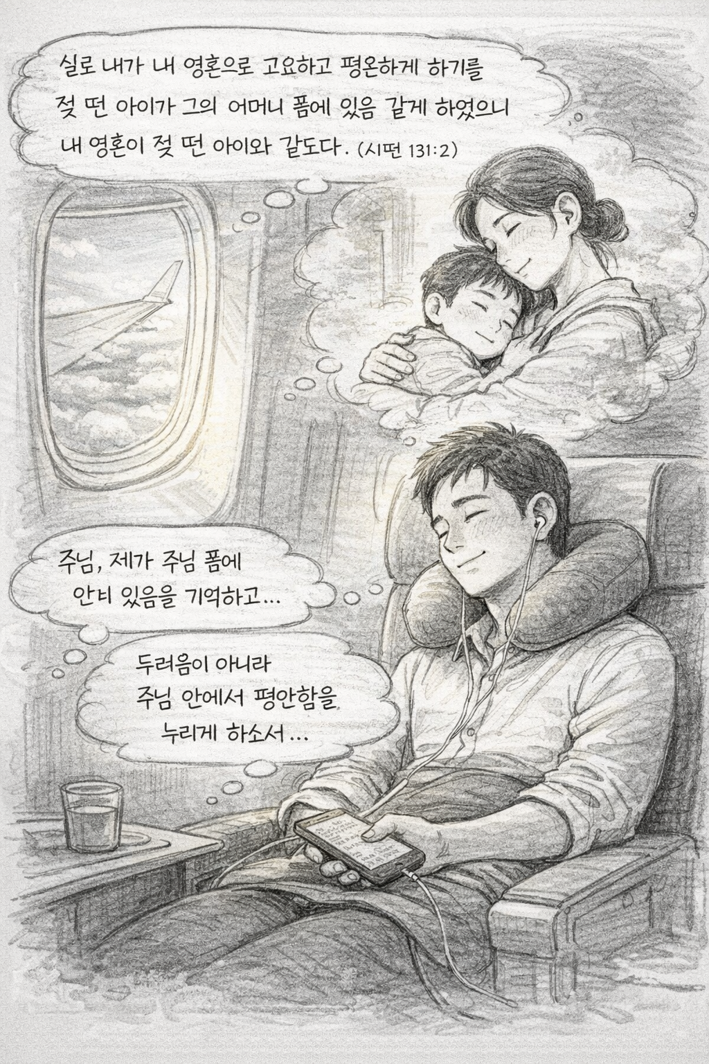 오늘 시 131:2 말씀을 보며, 샌프란시스코에서 한국으로 이동하는 모든 과정 중에 두려움이 아니라 주님 품 안에 있으면서 평안함을 누리는 시도를 할 것을 적용해 보겠습니다^^ 어머니 품 안에 있었던 것을 회상하며 주님 안에 거하는 기쁨을 누리는 시도를 하는 모습입니다.