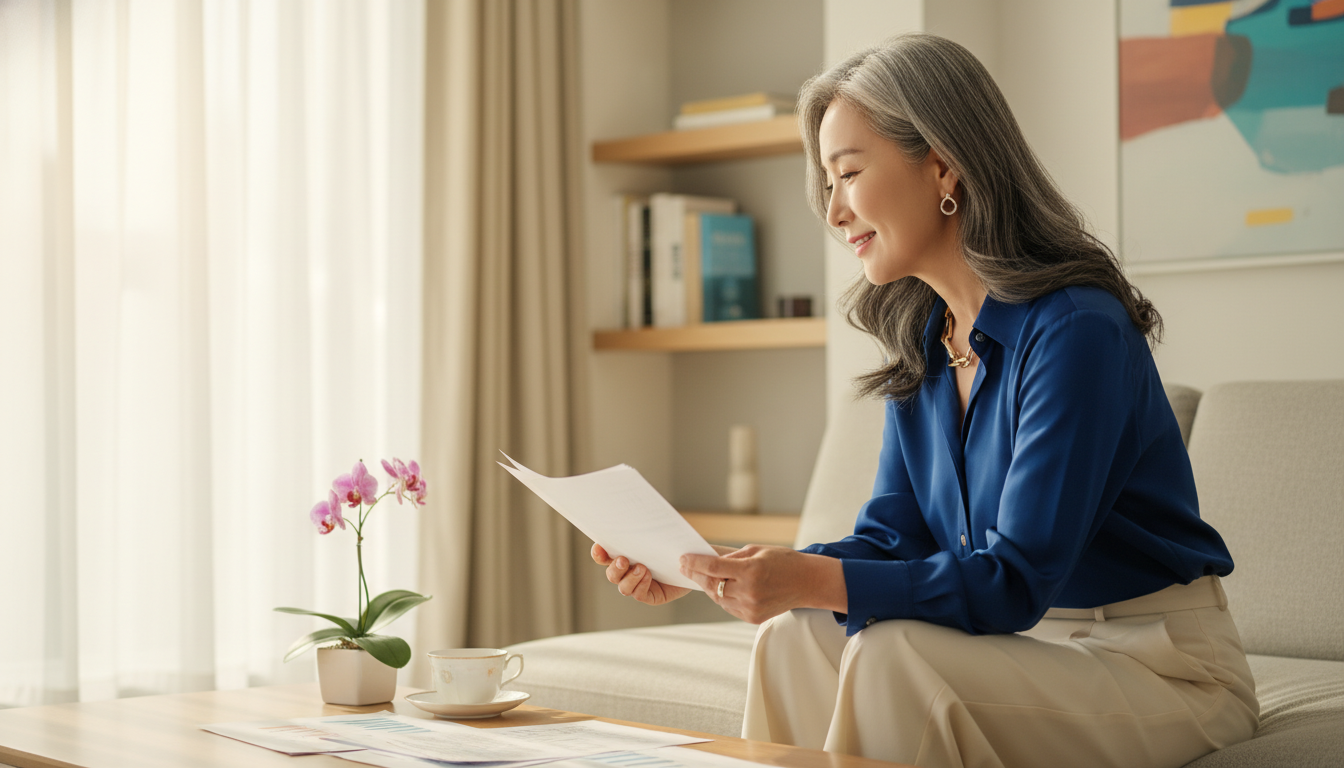 환헤지, 환노출. 밝고 모던한 거실에서 금융 서류를 검토하고 있는 60대 한국인 여성의 자신감 넘치는 옆모습. 창문을 통해 들어오는 부드러운 아침 햇살. 에디토리얼 라이프스타일 사진.