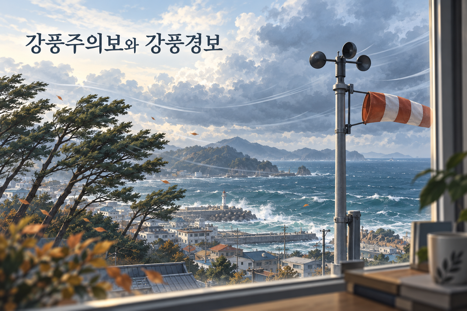 바람에 기울어진 해안의 나무와 풍속계·풍향계를 실내에서 바라보는 설명용 생성 장면