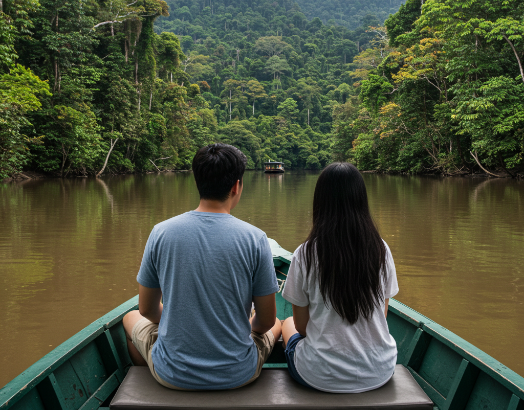 동남아 습지대를 보트를 타고 탐험중인 연인 생성이미지