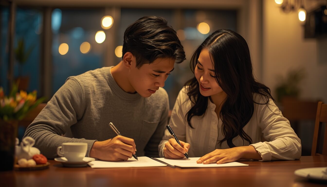 맞벌이 부부 함께 가사 목록 작성하는 모습