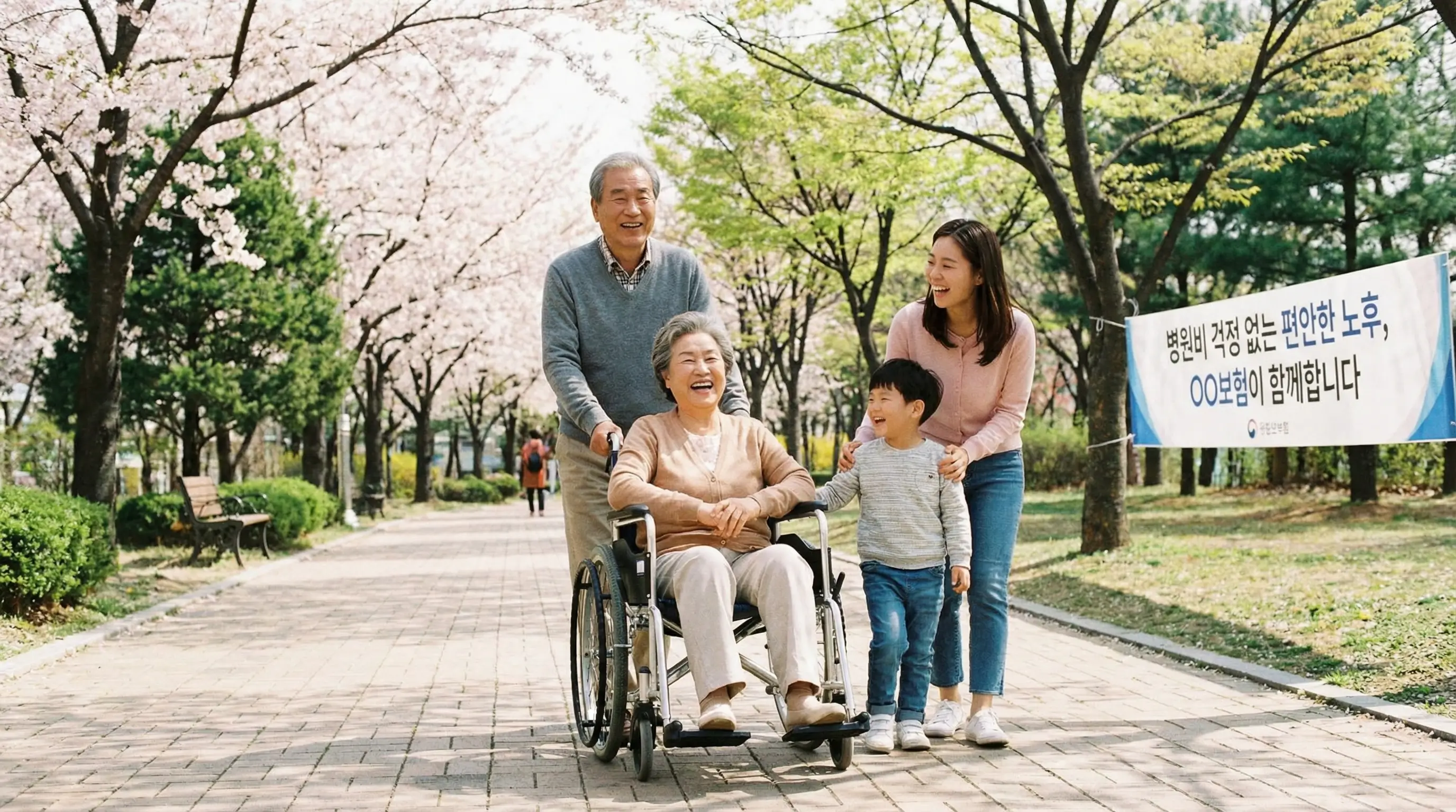 병원비 걱정 없이 편안하게 휠체어를 타고 산책하며 웃고 있는 환자와 가족의 행복한 모습