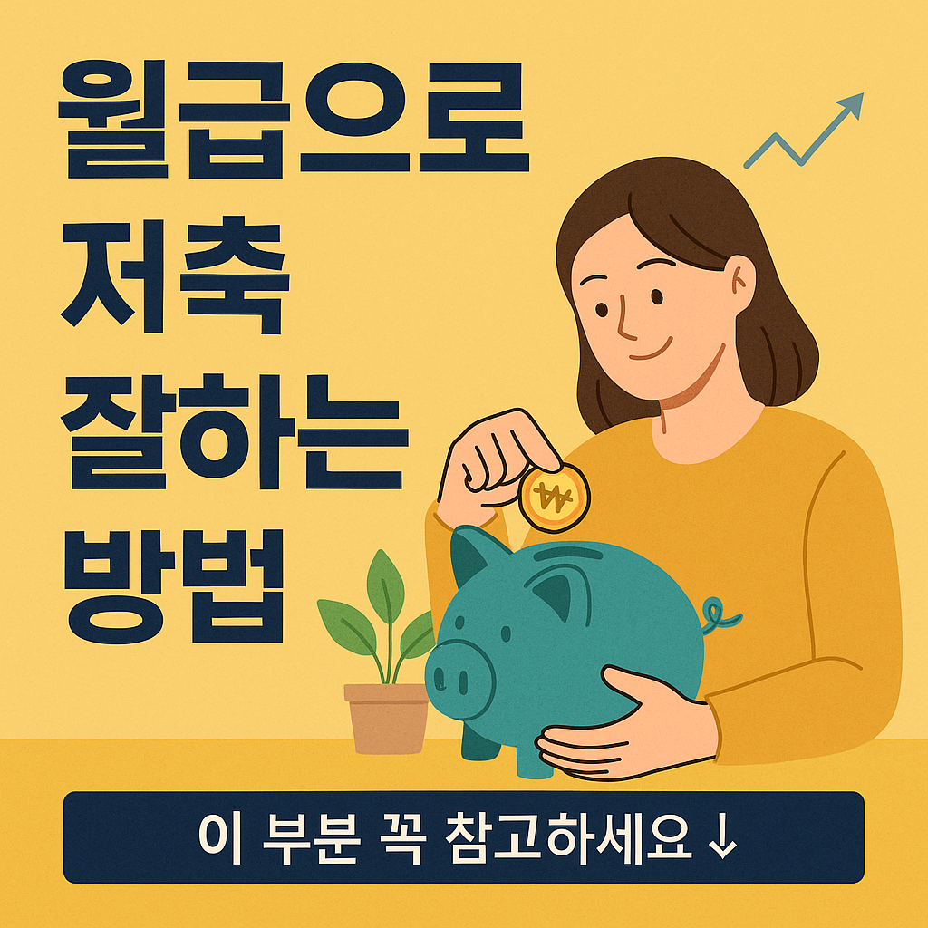 월급으로 저축하는 방법을 소개하는 디지털 포스터. 저금통에 동전을 넣는 여성과 한글 텍스트가 포함된 1:1 정사각형 이미지