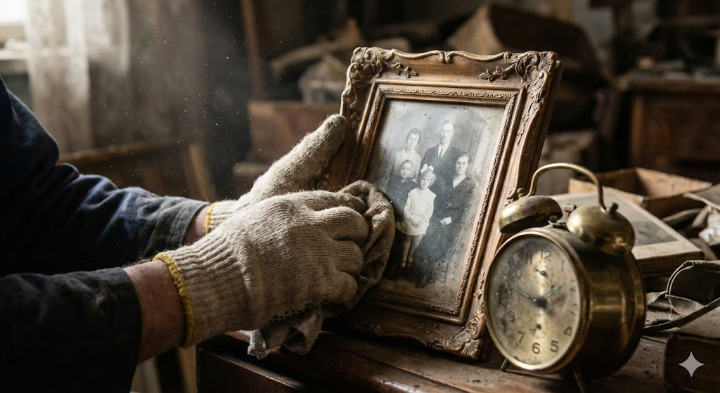 유품 정리사가 장갑 낀 손으로 먼지 쌓인 액자나 낡은 시계를 조심스럽게 닦고 있다