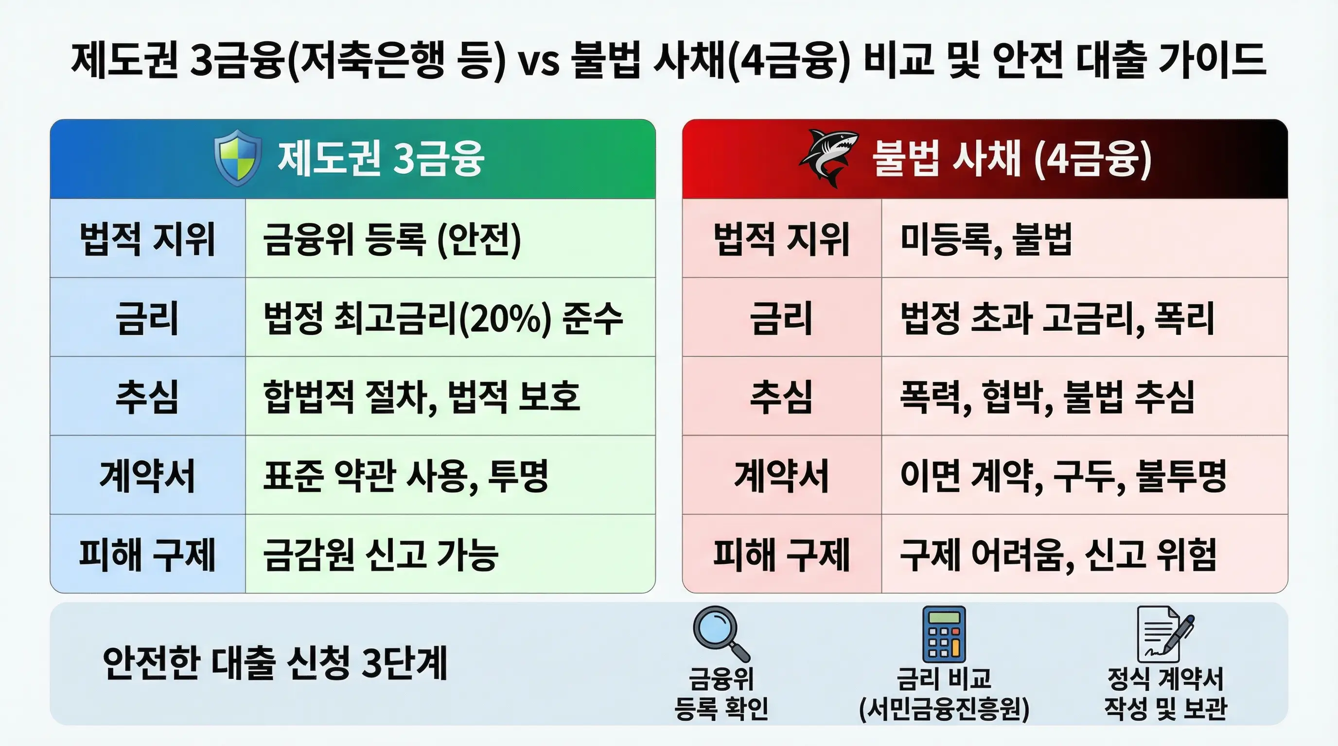 제도권 3금융 대출과 불법 사채인 4금융권의 차이점 및 안전한 대출 신청 방법을 비교하는 표