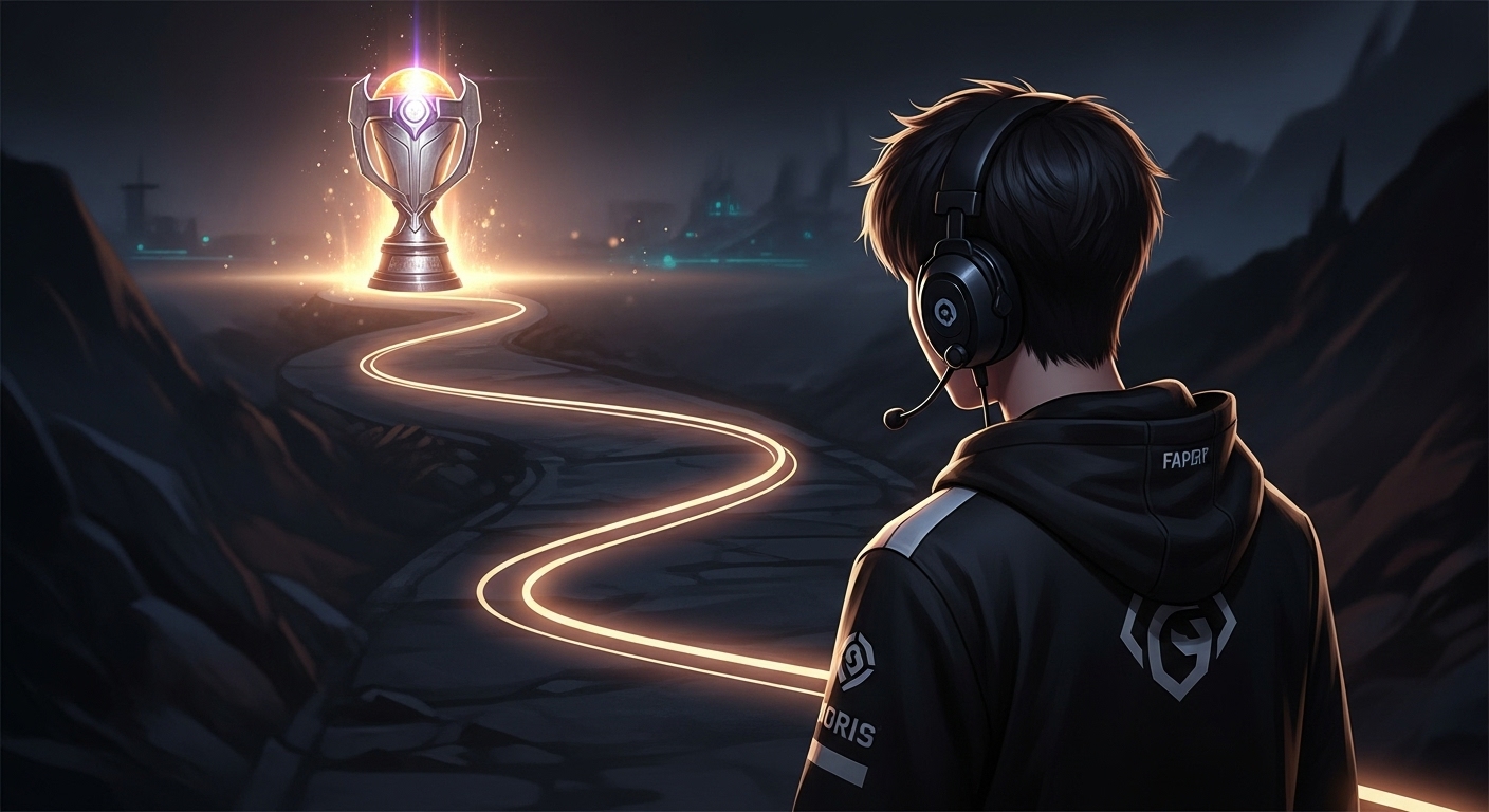 어두운 길을 걷다 마침내 빛나는 우승컵을 바라보는 페이커 선수의 성장 과정을 상징하는 그림.